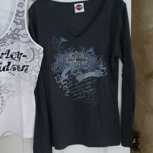 Harley Davidson Shirt Authentic Long sleeve Gray Logo Blue & Silver New